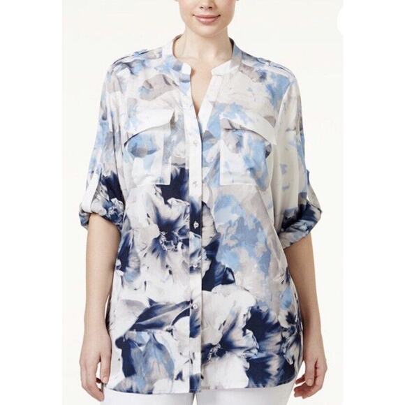 Calvin Klein Top Plus Size 1X Blue White Floral Button Up Roll Tab Sleeve Blouse - Picture 1 of 8
